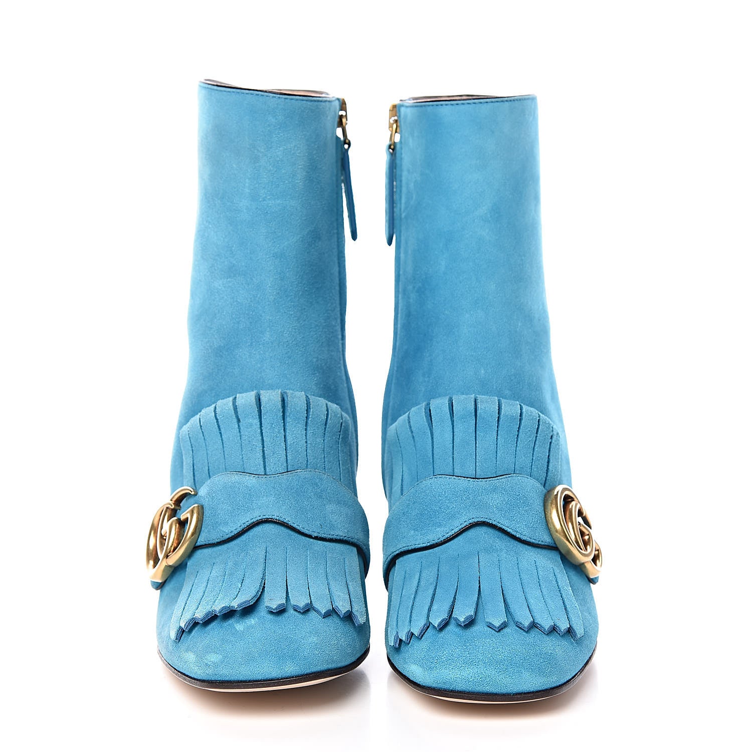 Gucci Kid Scamosciato GG Marmont Fringe 75mm Ankle Boots 35.5 New Bright Turquoise 2 of 12