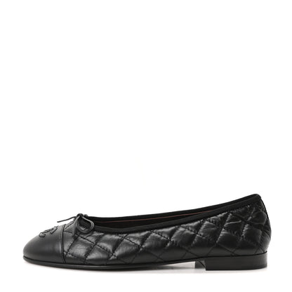Chanel Aged Calfskin Quilted CC Cap Toe Ballerina Flats 37.5 Black 1 of 10