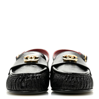 Chanel Crumpled Shiny Lambskin CC Slingback Mocassins 38 Black 3 of 10