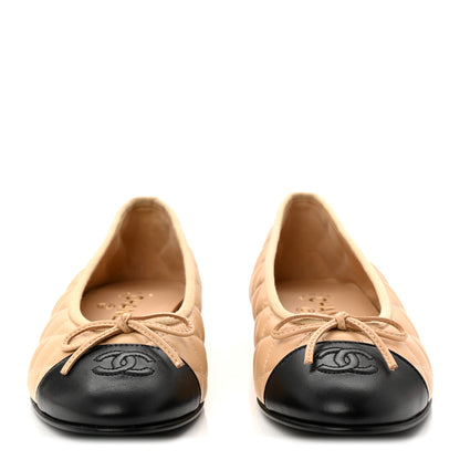 Chanel Lambskin Quilted CC Cap Toe Ballerina Flats 37.5 Beige Black 3 of 10