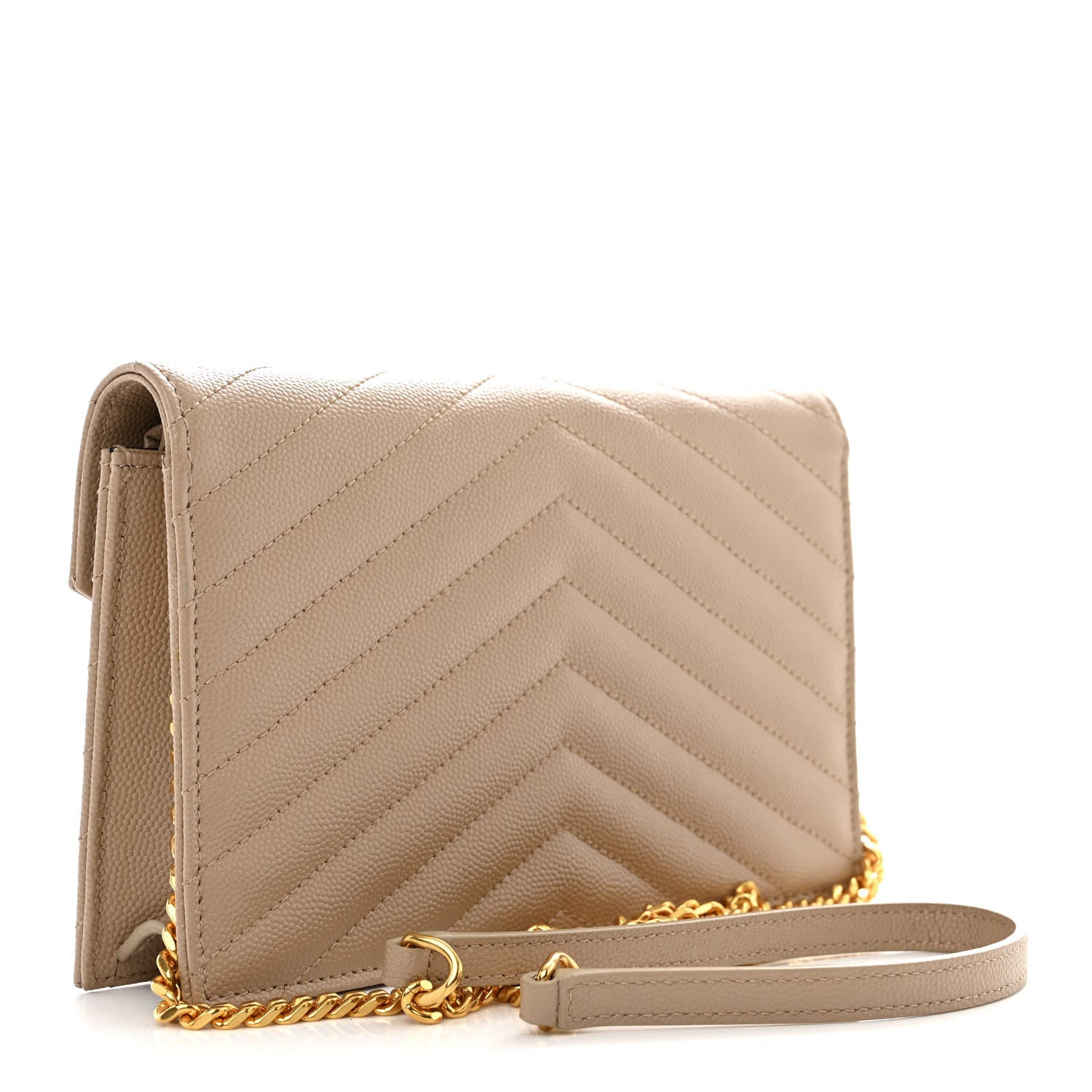 Saint Laurent Grain De Poudre Matelasse Chevron Monogram Envelope Chain Wallet Dark Beige 4 of 11