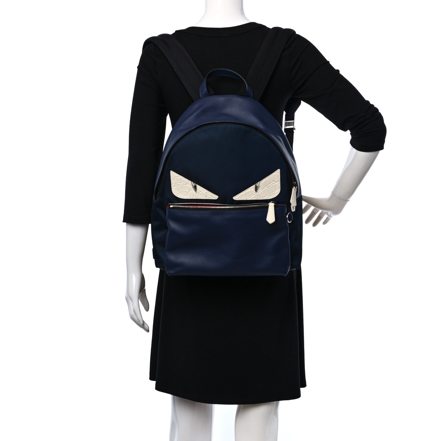 Fendi Nylon Vitello Liberty Crocodile Embossed Monster Eyes Pouch Pocket Backpack Navy 2 of 9