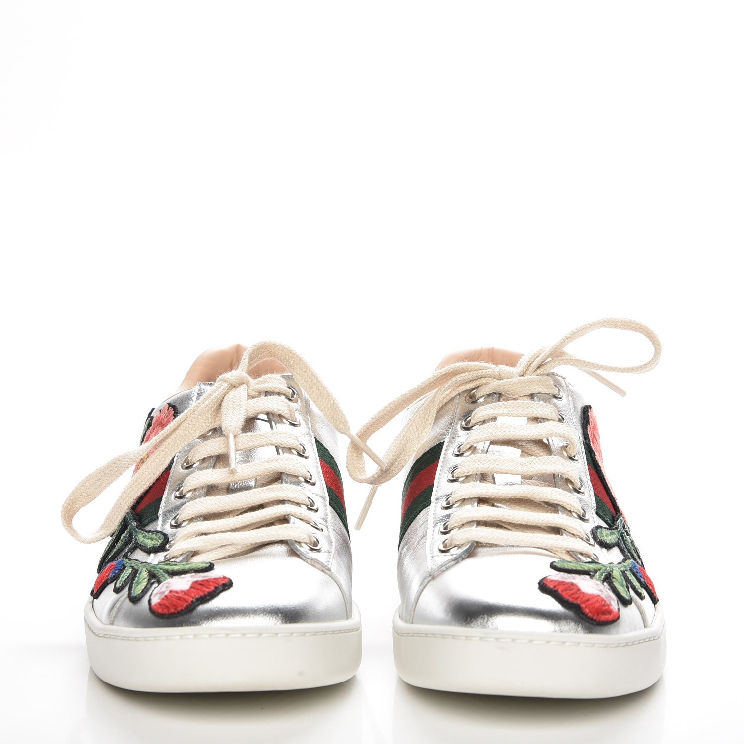 Gucci Metallic Calfskin Floral Embroidered Ace Sneakers 38 Silver 3 of 9