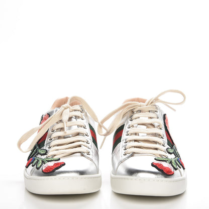 Gucci Metallic Calfskin Floral Embroidered Ace Sneakers 38 Silver 3 of 9