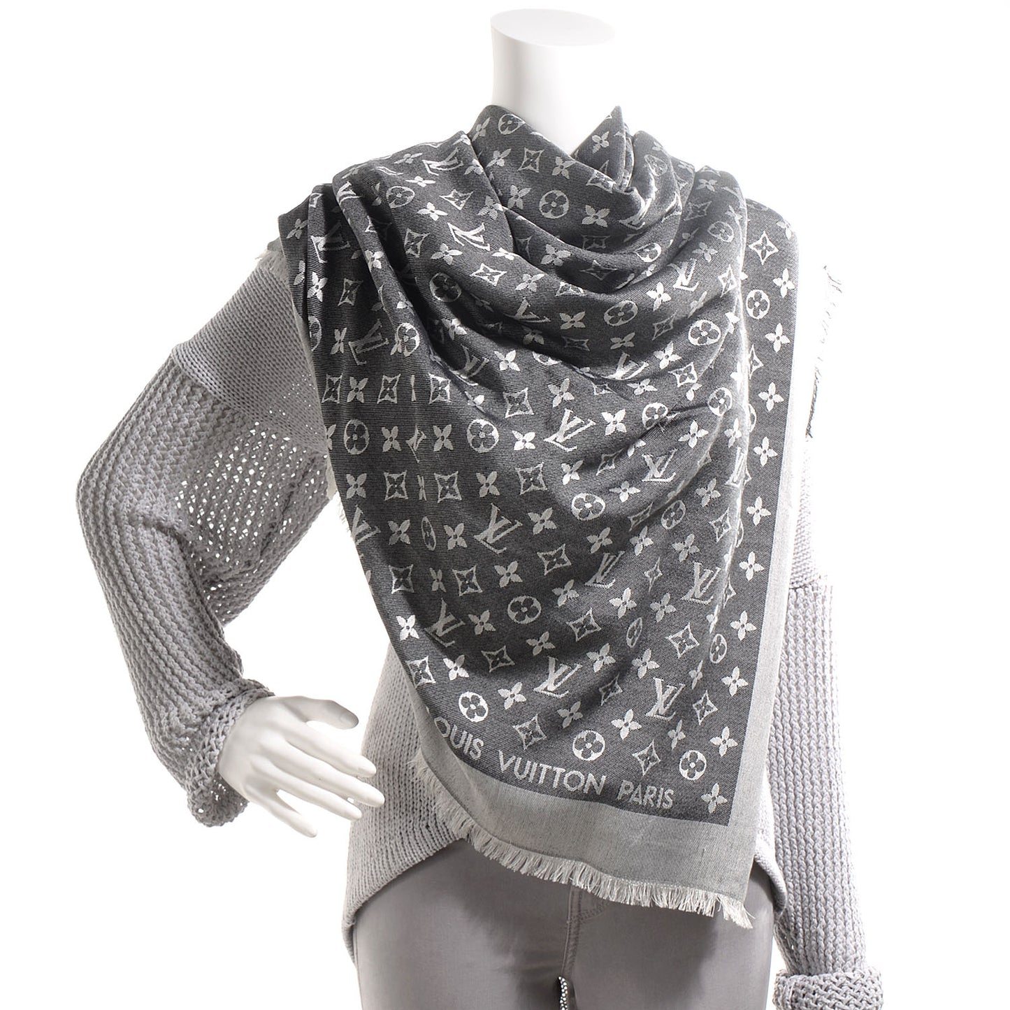 Silk Wool Monogram Denim Shawl Black