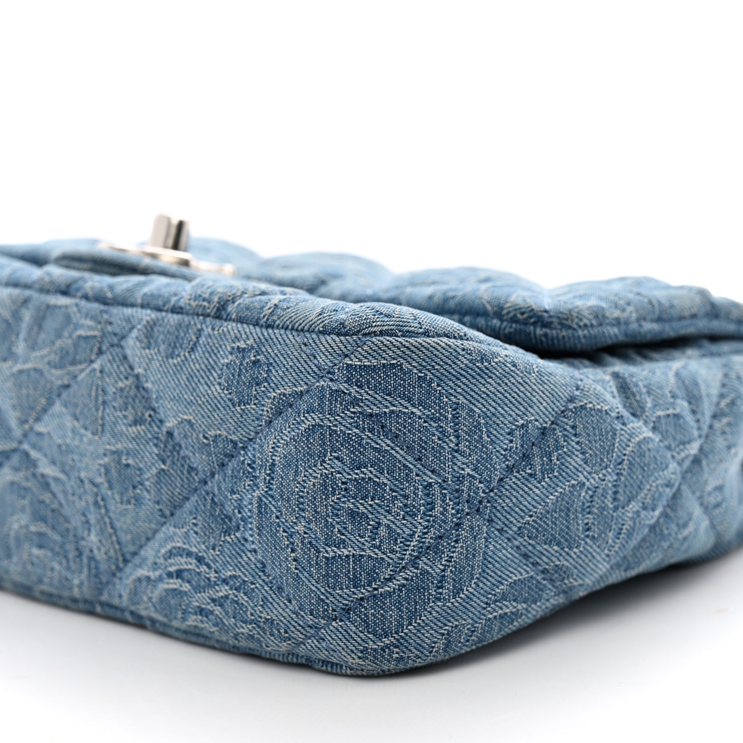 Denim Quilted Camellia Sweetheart Mini Flap Blue