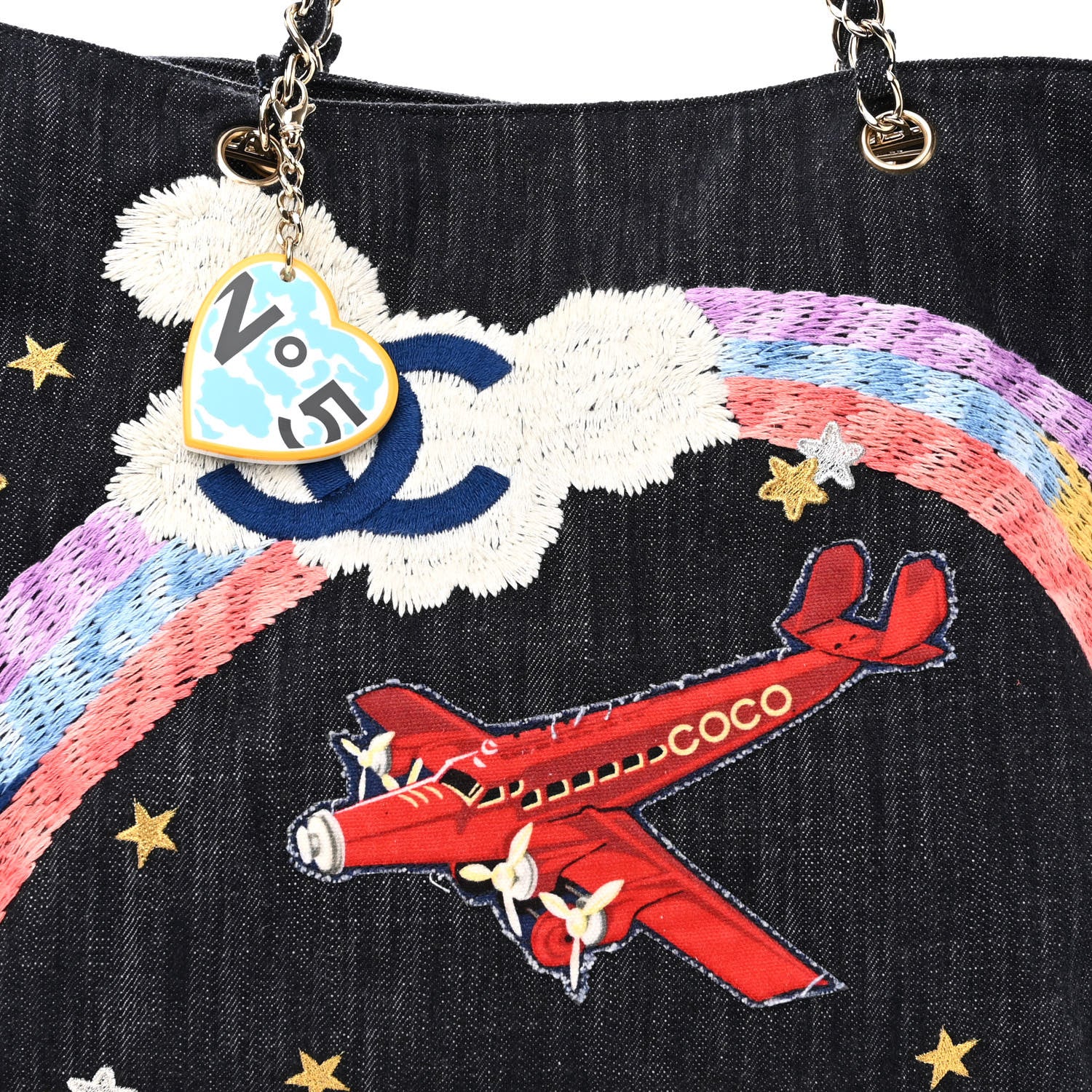 Chanel Denim Embroidered Night Flight Tote Blue 9 of 11