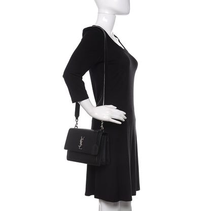 Saint Laurent Grained Calfskin Medium Monogram Sunset Satchel Black 2 of 9