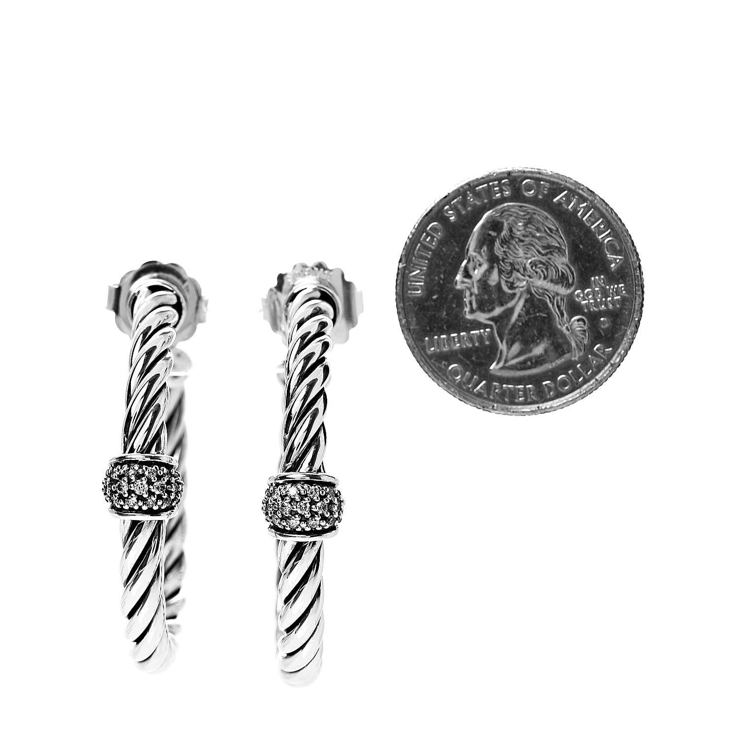 David Yurman Sterling Silver Diamond Cable Classics Hoop Earrings 2 of 4