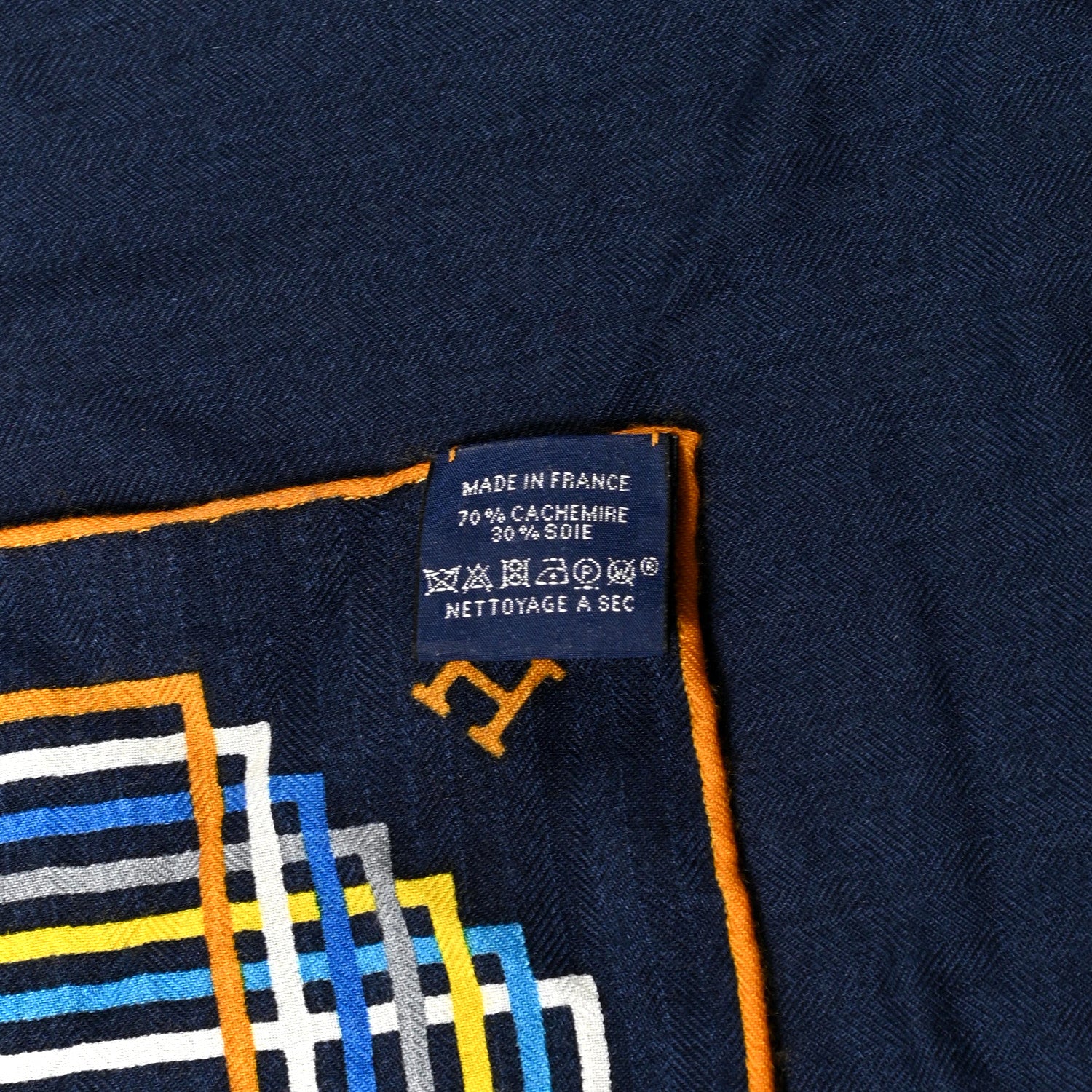 Hermes Cashmere Silk Encadre Liste Au Fil Shawl 140 Bleu Marine Gold White 3 of 3