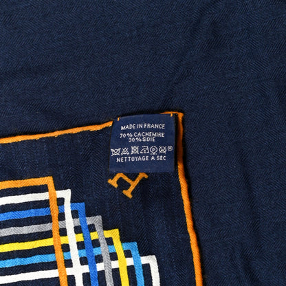 Hermes Cashmere Silk Encadre Liste Au Fil Shawl 140 Bleu Marine Gold White 3 of 3