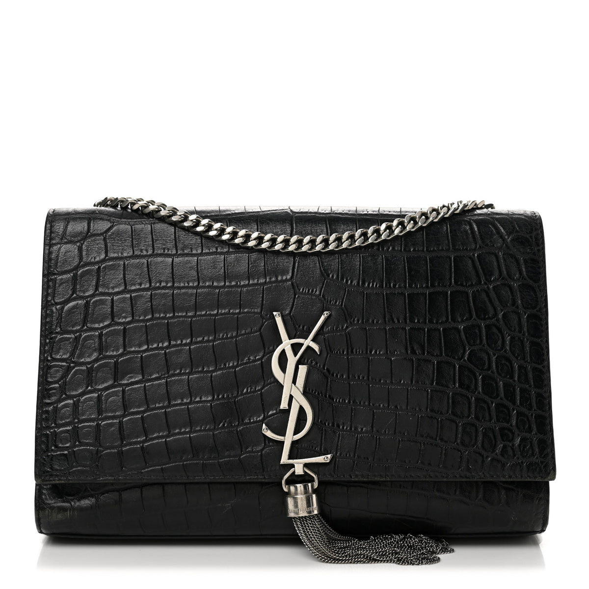 Calfskin Crocodile Embossed Medium Classic Monogram Kate Tassel Satchel Black