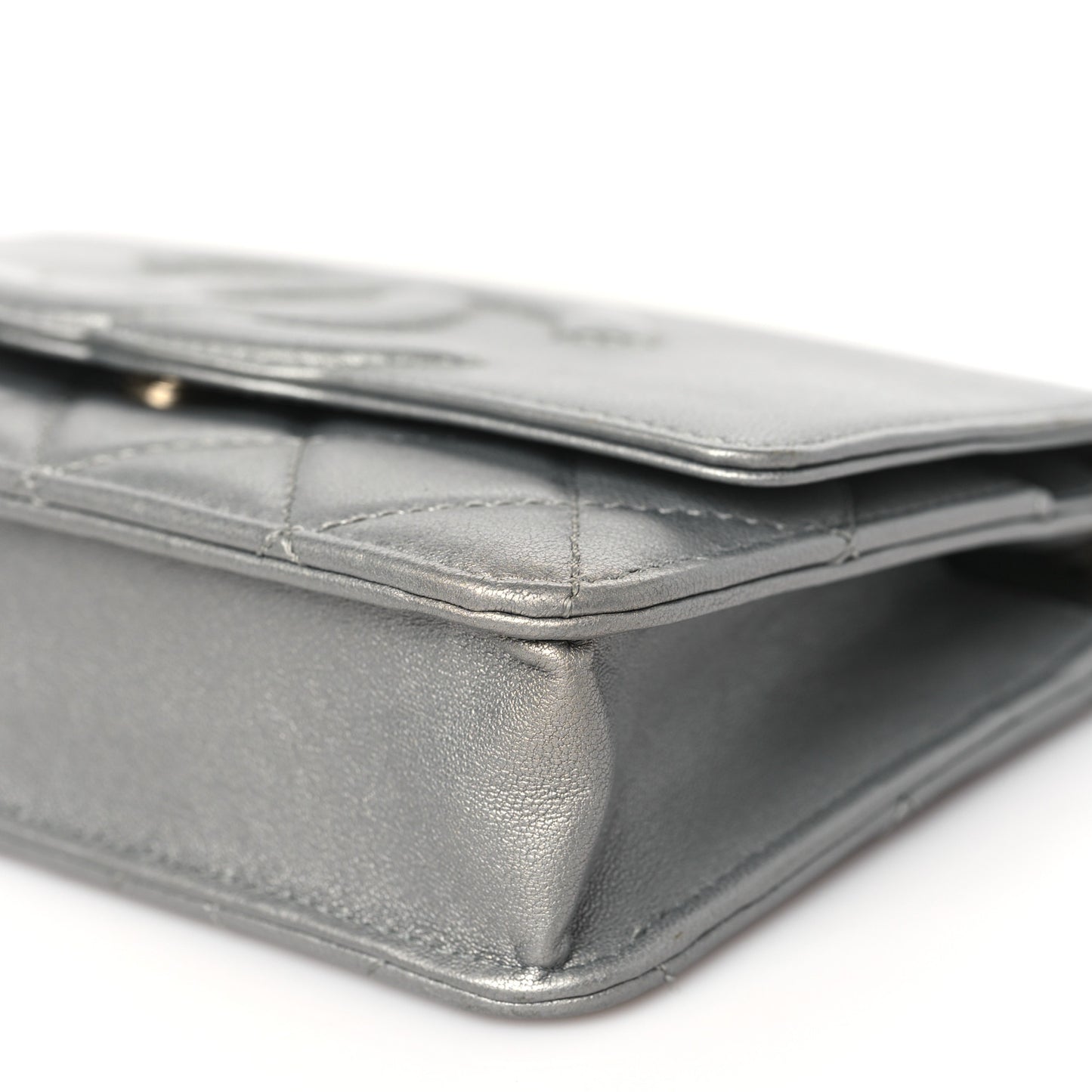 Metallic Goatskin Quilted Timeless CC Wallet On Chain WOC Silver