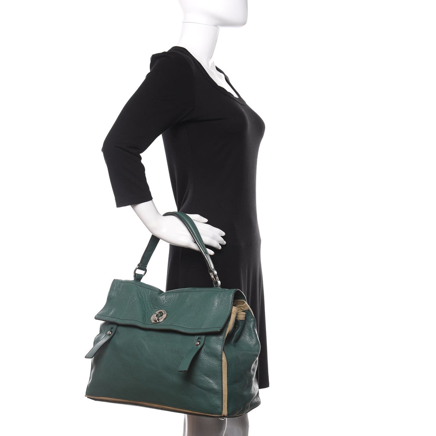 Calfskin Canvas Large Muse Two Green Beige