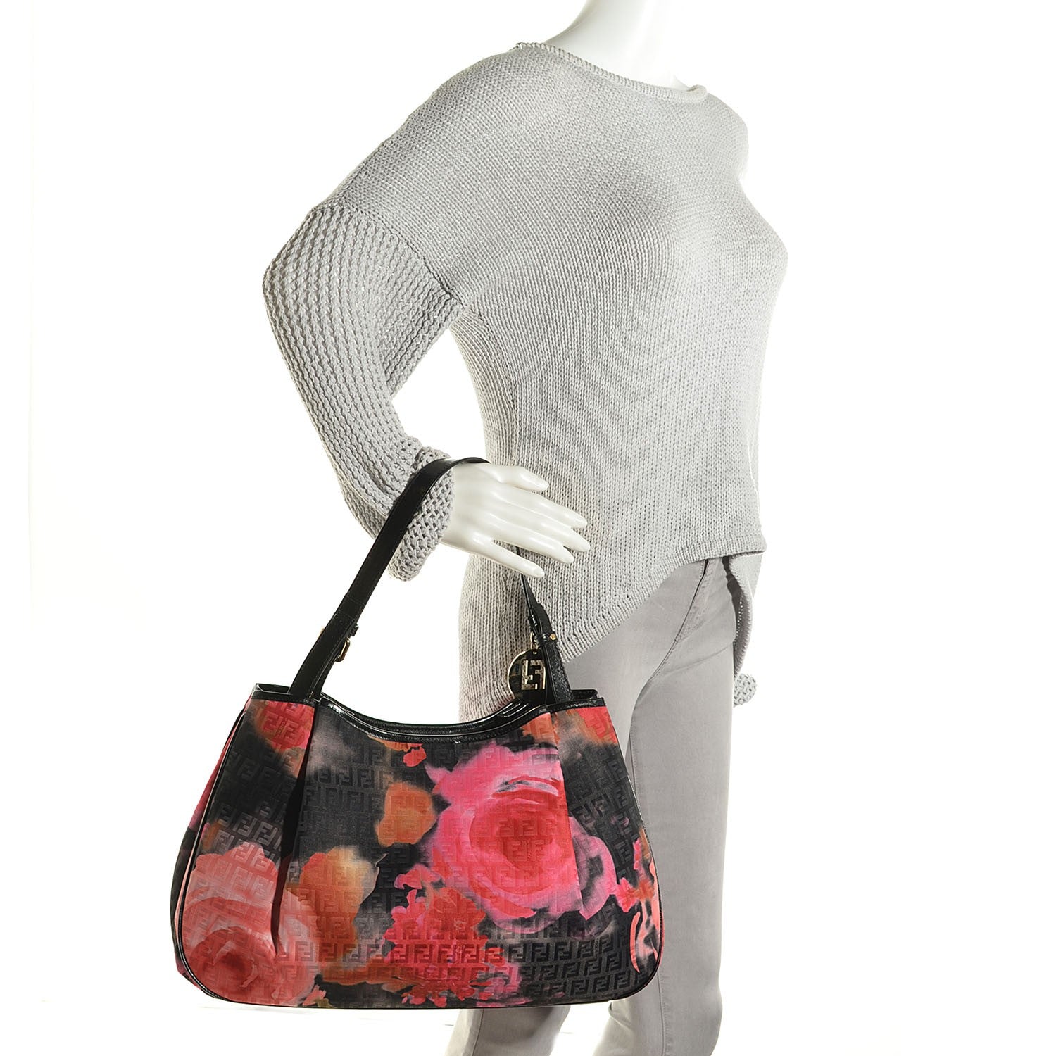 Fendi Zucchino Vitello Floral Forever Shoulder Bag Black Multicolor 2 of 7
