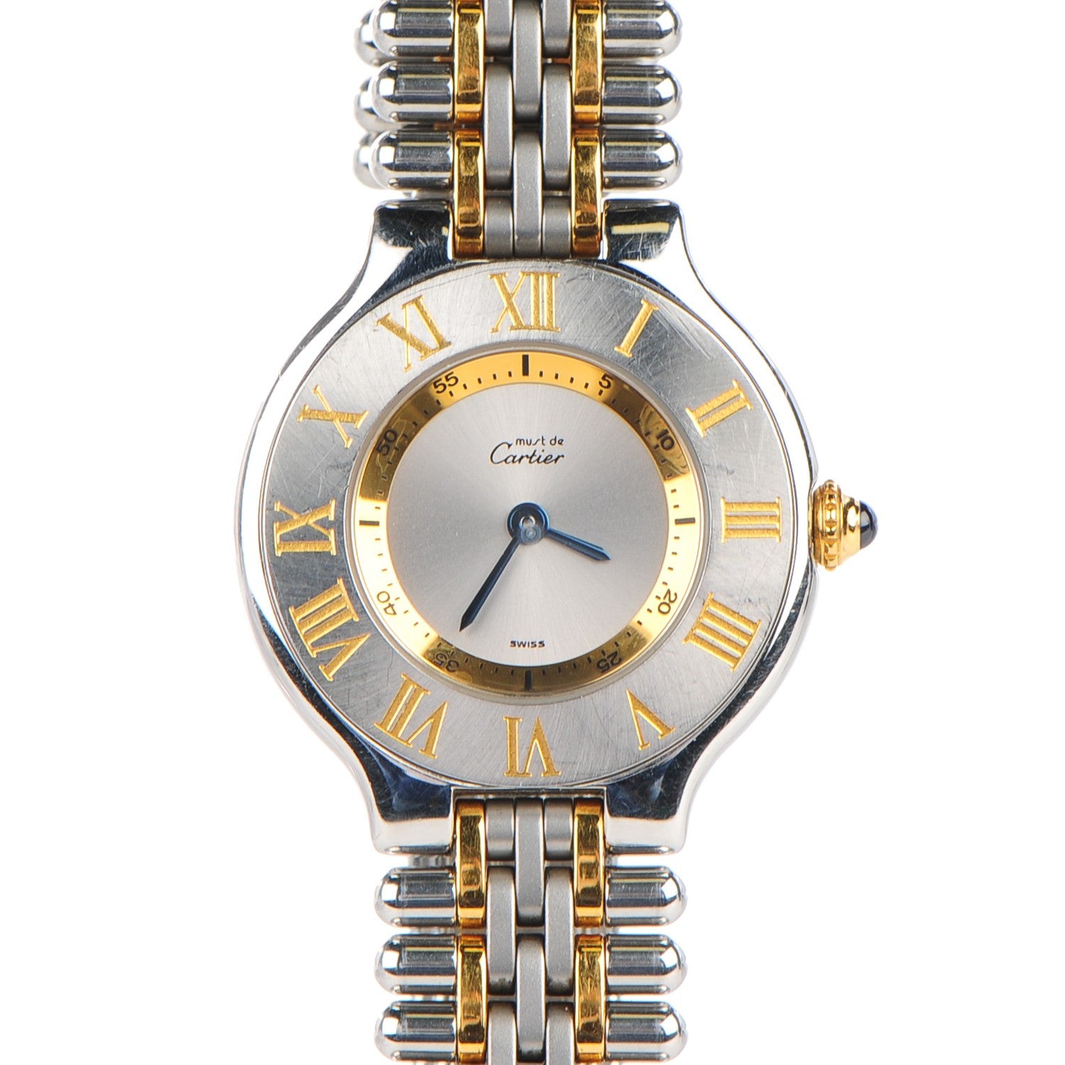Cartier Stainless Steel 18K Yellow Gold 28mm Must De 21 Bullet Link Quartz Watch 1 of 11