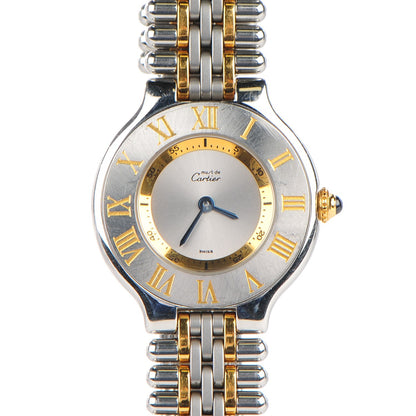 Cartier Stainless Steel 18K Yellow Gold 28mm Must De 21 Bullet Link Quartz Watch 1 of 11