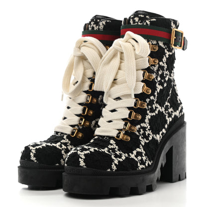 Gucci Tweed GG Monogram Lace Up Combat Ankle Boots 36 Black 3 of 11