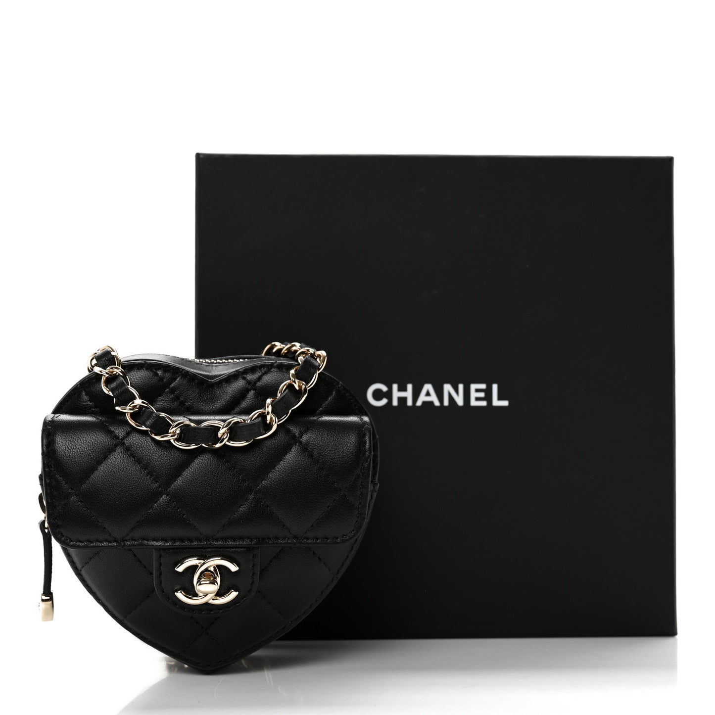Lambskin Quilted CC In Love Heart Waist Belt Bag With Chain Black