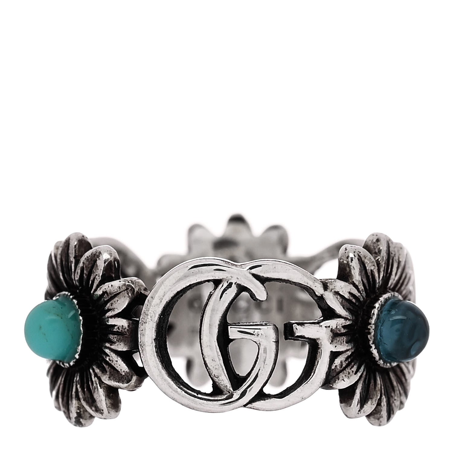 Gucci Sterling Silver Topaz Mother of Pearl Turquoise Resin Double G Flower Ring 49 5 1 of 7