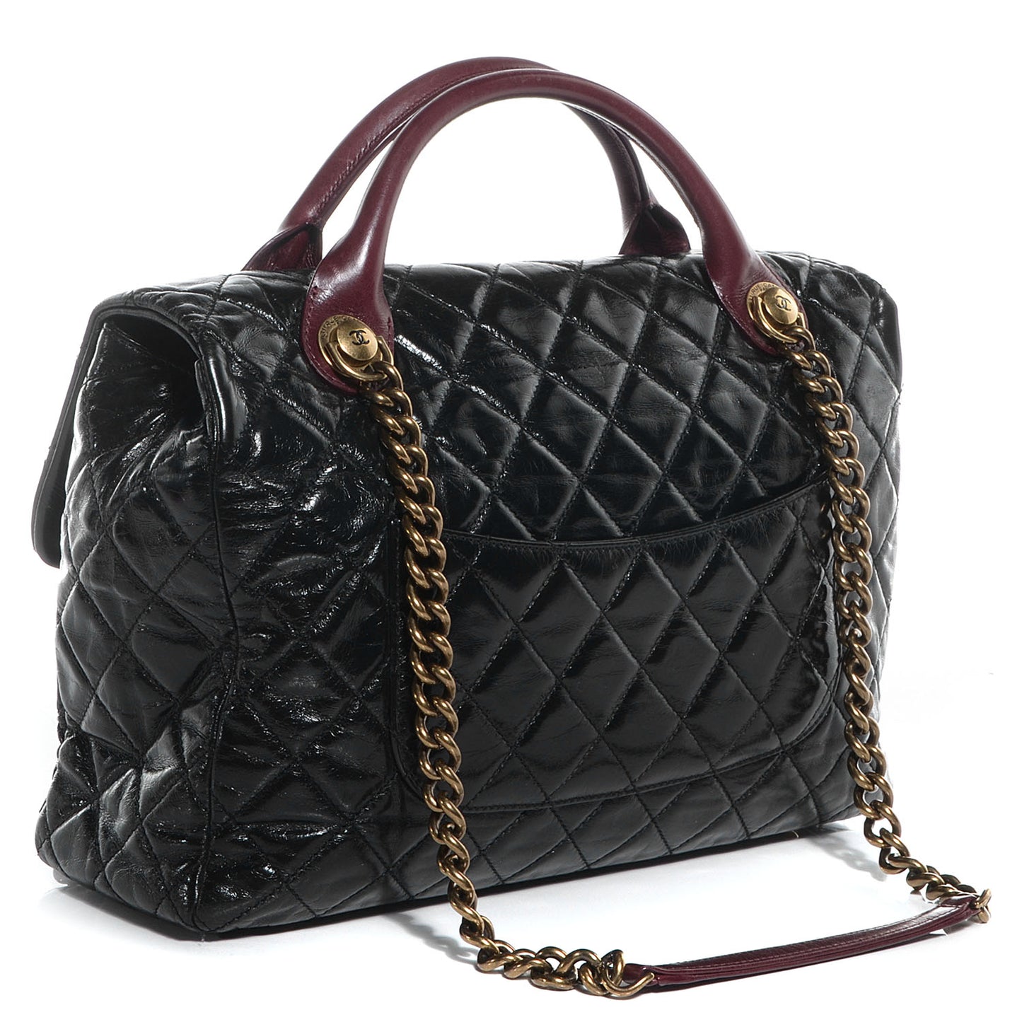 Glazed Calfskin Castle Rock Large Flap Black Burgundy