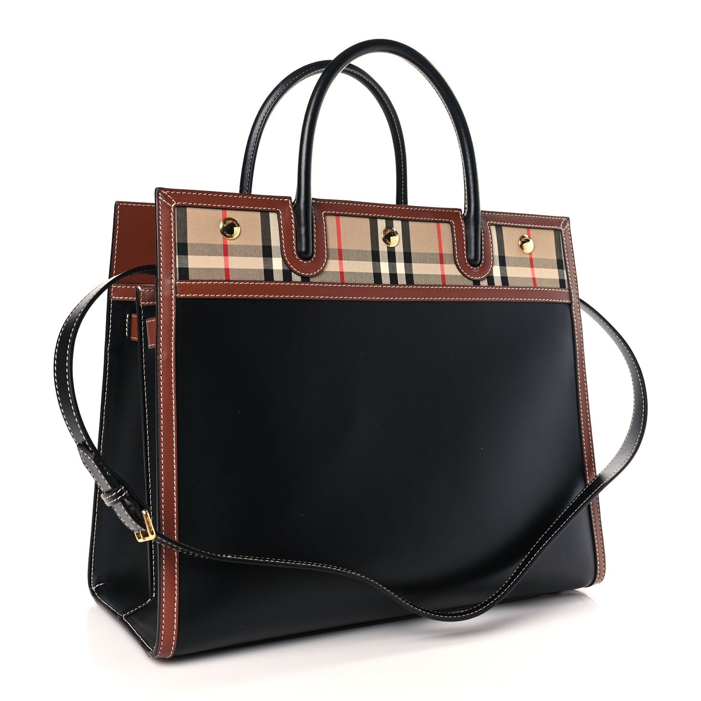 Calfskin Vintage Check Medium Two Handle Title Bag Black