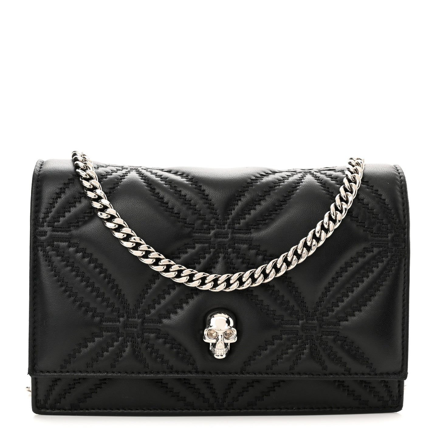 Lambskin Floral Stitched Skull Mini Crossbody Bag Black