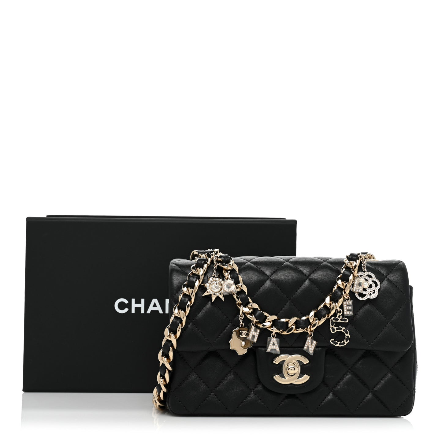 Lambskin Quilted Mini Coco Charms Rectangular Flap Black