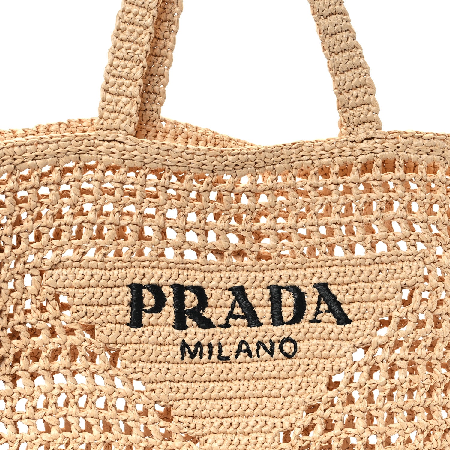 Prada Yarn Raffia Effect Crochet Logo Embroidered Tote Bag Naturale 7 of 9