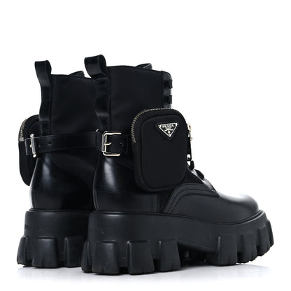 Prada Spazzolato Rois Nylon Metal Triangle Logo Monolith Pouch Pocket 55mm Boots 37.5 Black 5 of 9