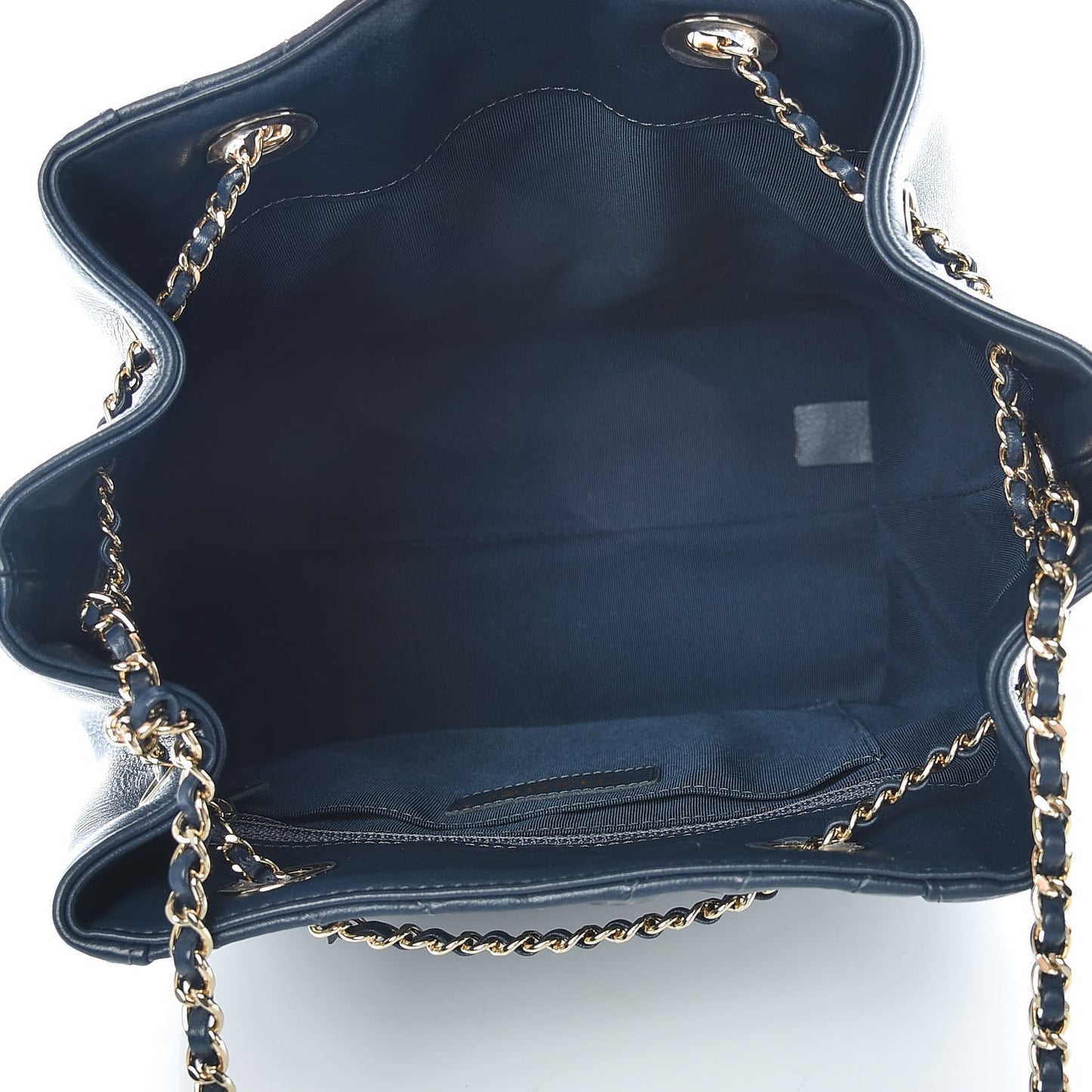 Calfskin Chevron CC Chain Bucket Drawstring Bag Navy Blue