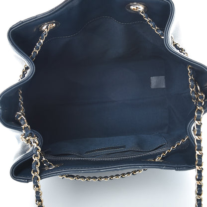 Chanel Calfskin Chevron CC Chain Bucket Drawstring Bag Navy Blue 5 of 9