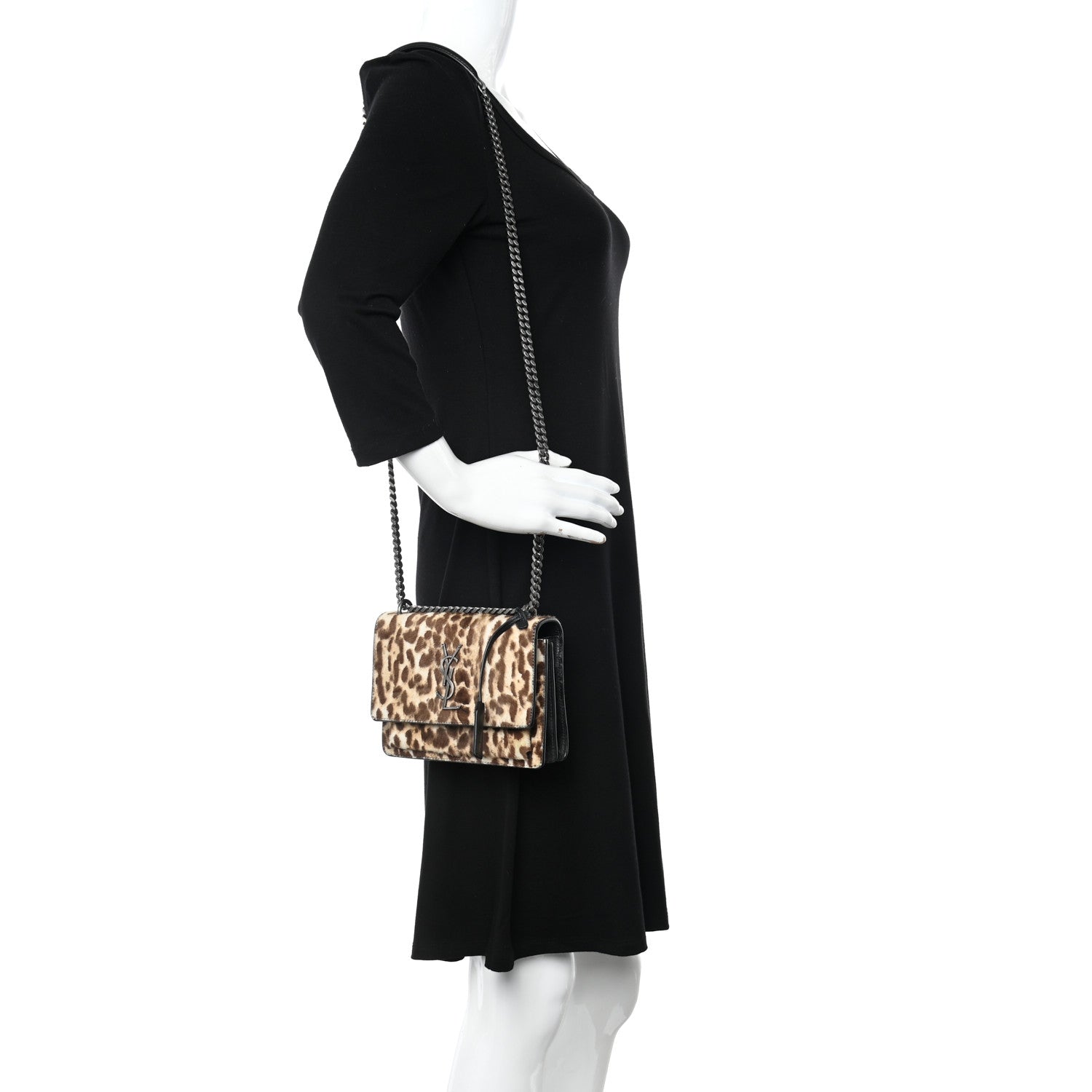 Saint Laurent Calf Hair Leopard Print Monogram Small Sunset Chain Wallet Natural Black 2 of 13