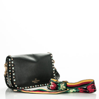 Valentino Garavani Pebbled Calfskin Turquoise Medium Guitar Strap Rockstud Rolling Flap Saddle Bag Black 3 of 7
