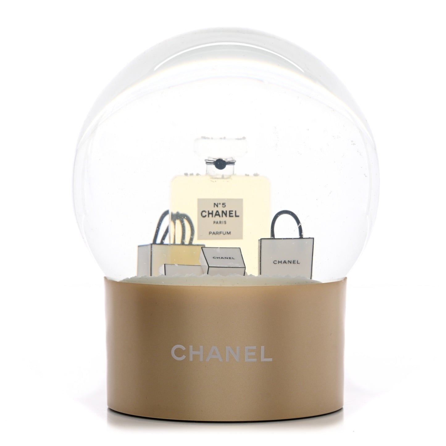 Glass N°5 Perfume Bottle Snow Globe Gold