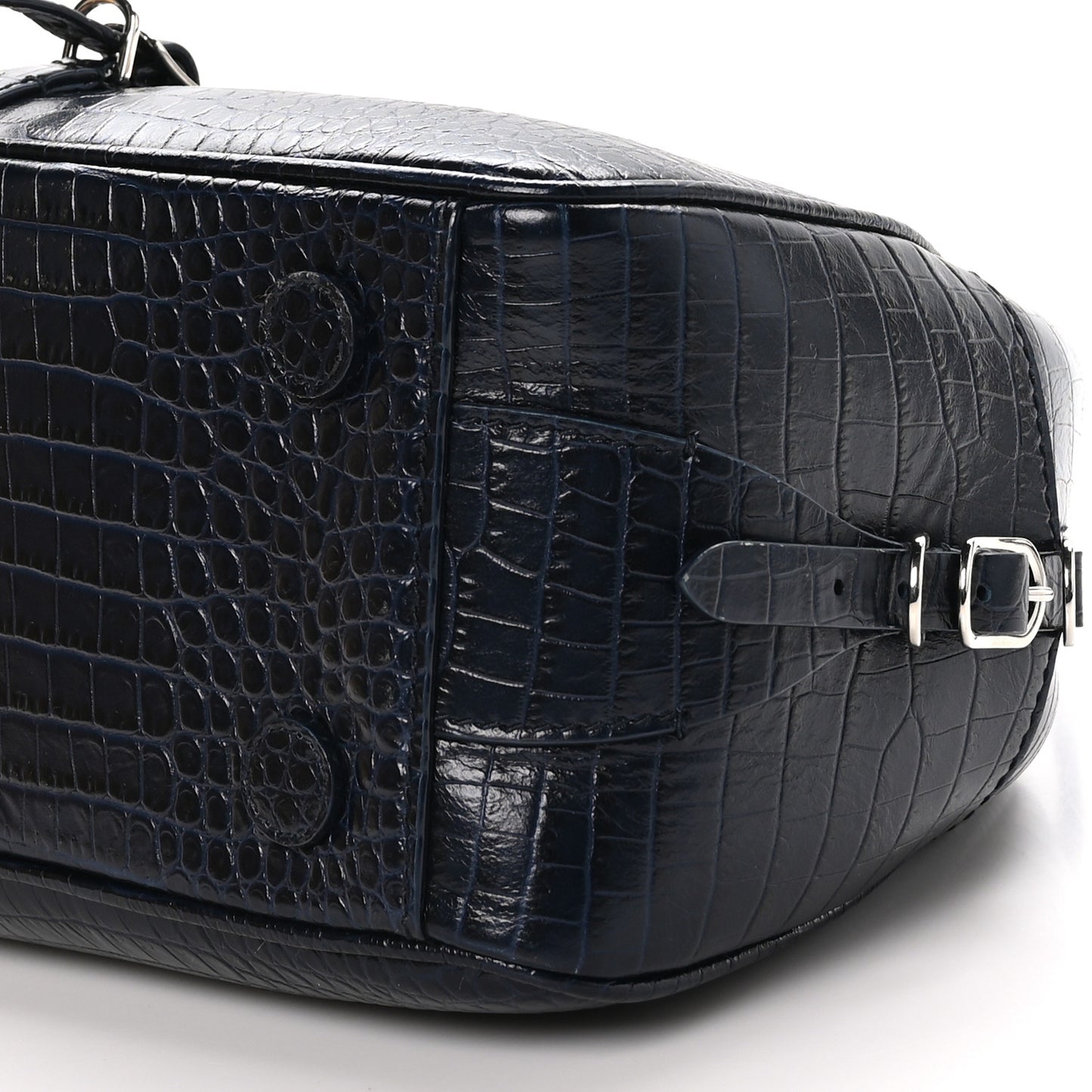 Calfskin Crocodile Embossed Small Varenne Bowling Bag Navy