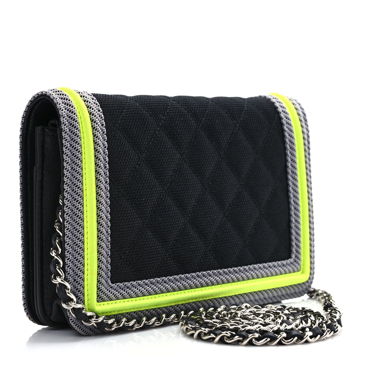 Chanel Canvas Quilted Fluo Boy Wallet On Chain WOC Black Grey Yellow 3 of 14