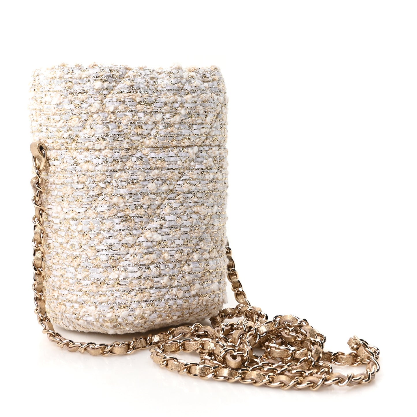 Tweed Mini Bucket Drawstring Bag White Gold