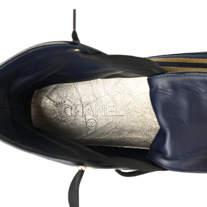 Chanel Fabric Lambskin Lace Up Cap Toe Sneakers 42 Navy Black 7 of 10