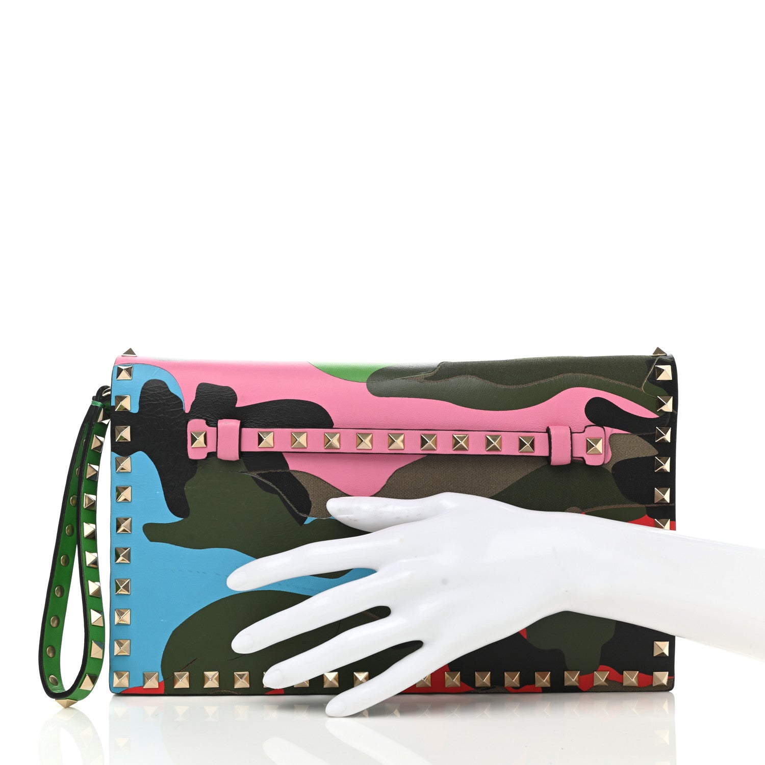 Valentino Garavani Nappa Canvas Camouflage Rockstud Wristlet Clutch Army Green Ninphea Parrot 2 of 10