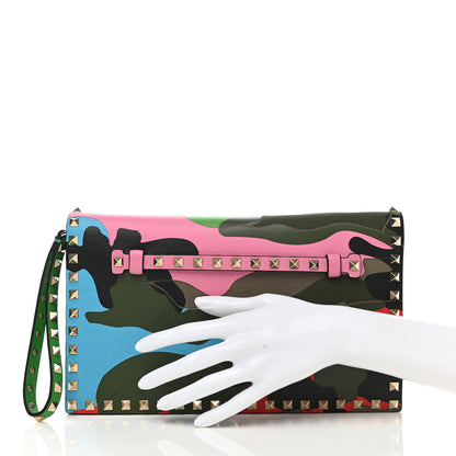 Valentino Garavani Nappa Canvas Camouflage Rockstud Wristlet Clutch Army Green Ninphea Parrot 2 of 9