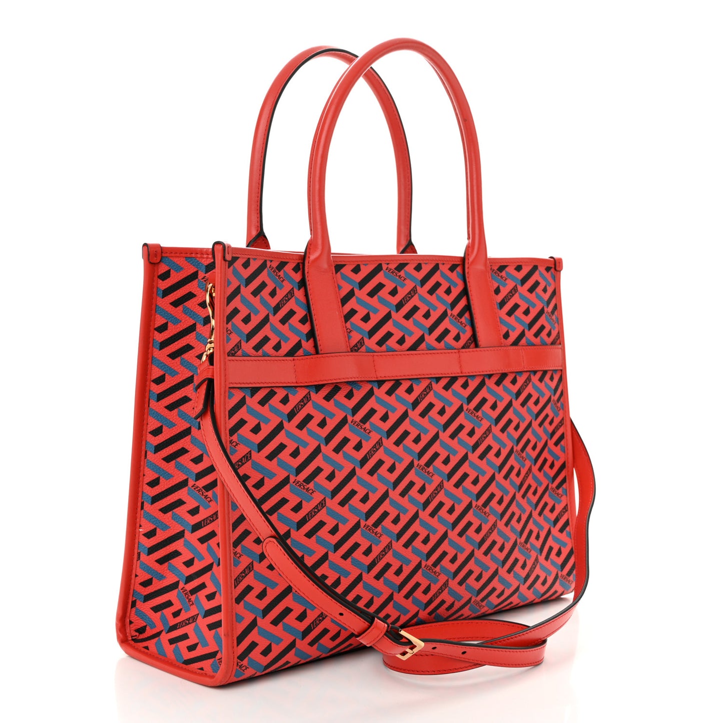 Coated Canvas Calfskin La Greca Signature Tote Bag Blue Red