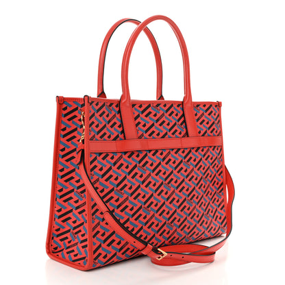 Versace Coated Canvas Calfskin La Greca Signature Tote Bag Blue Red 3 of 13