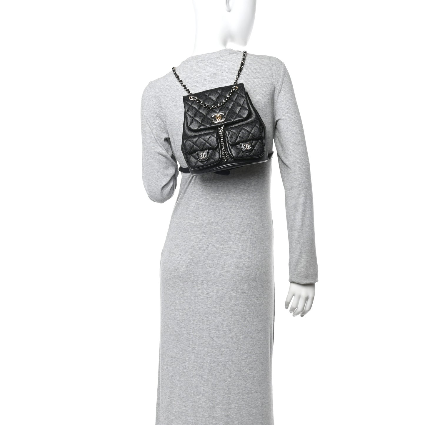 Shiny Caviar Quilted Medium Duma Pockets Drawstring Backpack Black