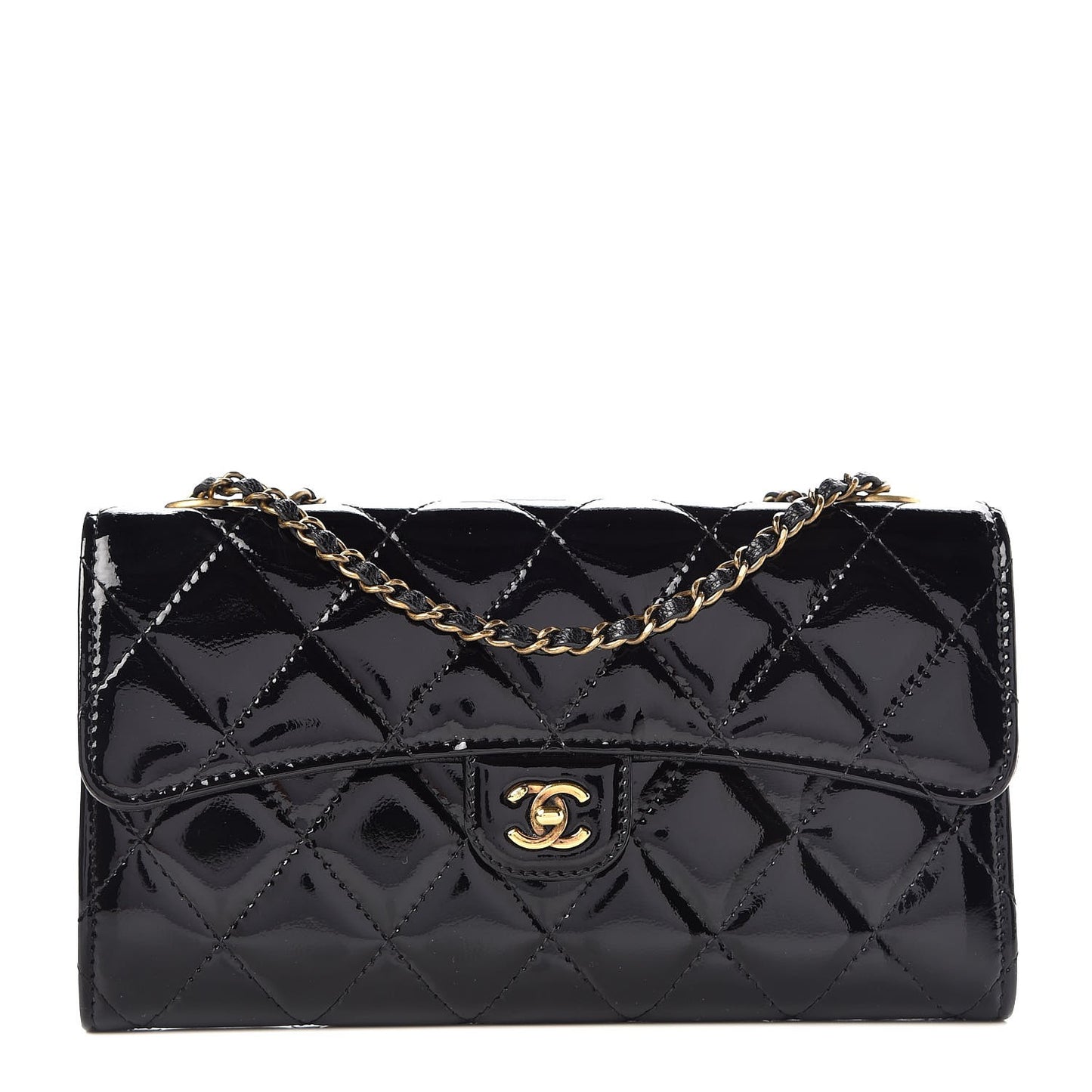 Patent Goatskin Quilted Small CC Eyelet Wallet On Chain WOC Black