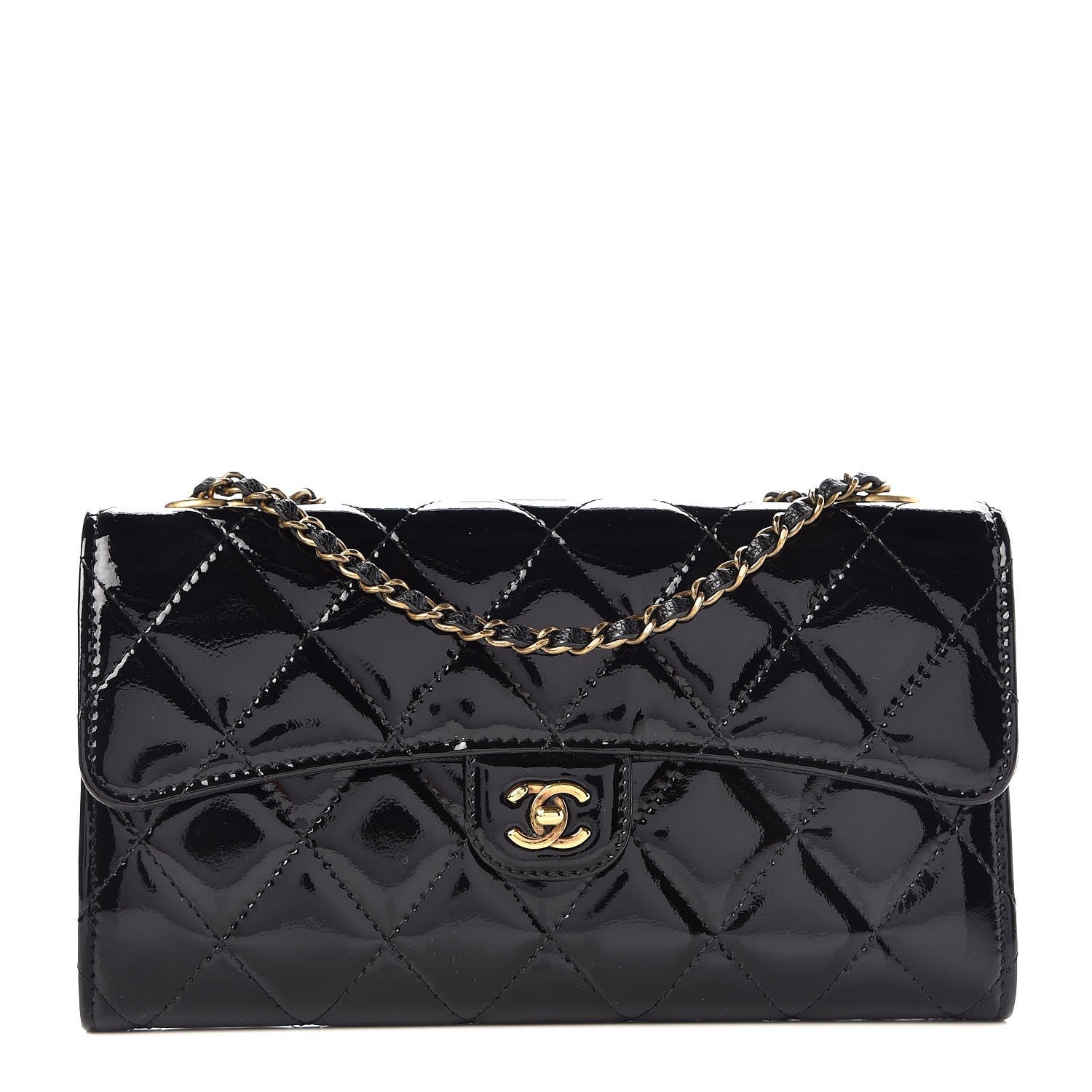 Chanel Patent Goatskin Quilted Small CC Eyelet Wallet On Chain WOC Black 1 of 10