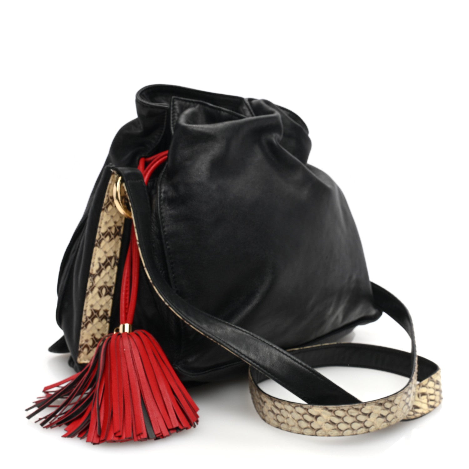 Loewe Calfskin Snakeskin Small Flamenco Tassel Knot Clutch Black Red 3 of 8