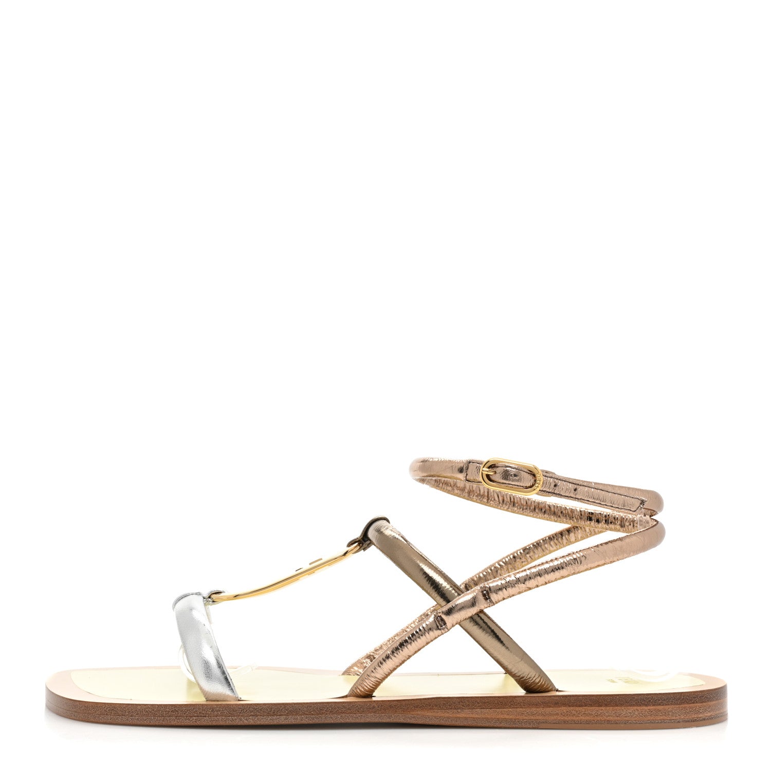 Fendi Metallic Nappa Fendi O'Lock Gladiator Flat Sandals 39 Argento Stagno Champagne 1 of 7