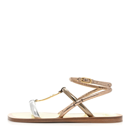 Fendi Metallic Nappa Fendi O'Lock Gladiator Flat Sandals 39 Argento Stagno Champagne 1 of 7