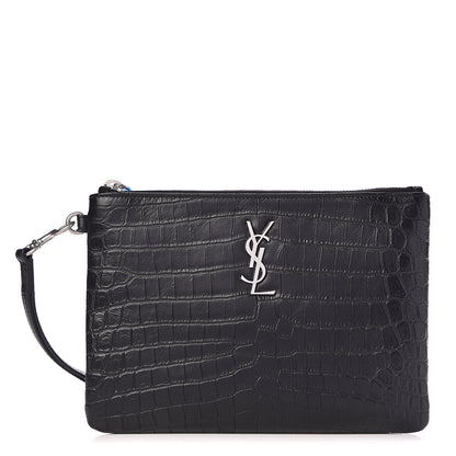 Saint Laurent Calfskin Crocodile Embossed Monogram Zip Pouch Black 1 of 8